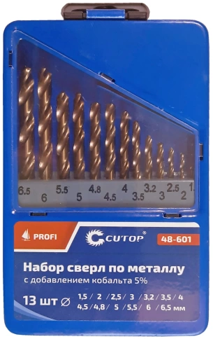 Набор сверл по металлу Cutop Profi с кобальтом 5%, в мет.кор.1,5-6,5мм(через 0,5мм+3,2мм;4,8мм),13шт фото 1