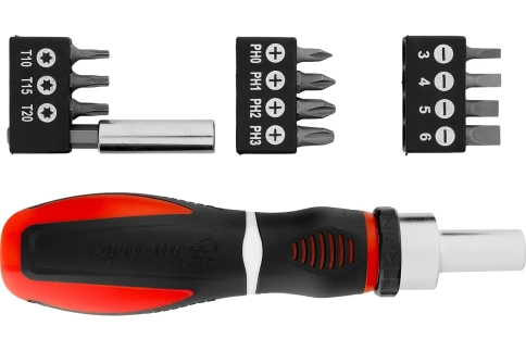Отвертка реверсивная с набором бит 12 предметов PH+SL+PZ+Torx CrV Matrix фото 1