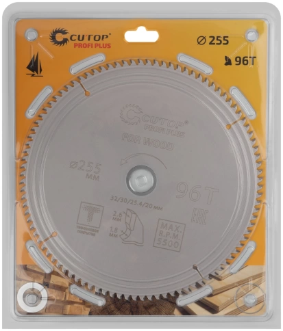 Диск пильный по дереву с тефлоновым покрытием 96Т CUTOP Profi Plus 255х1,8/2,6х32/30/25,4/20 мм фото 2