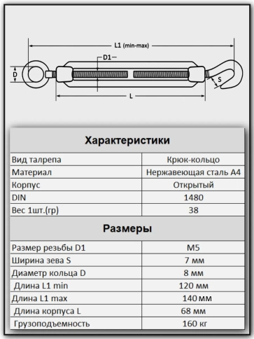 Талреп крюк-кольцо нержавеющий А4 М5 DIN1480, 4 шт. фото 2