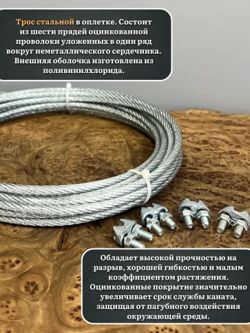 Трос стальной 6/8 с зажимами (4 шт.) оцинкованный в оплетке, 10 м. фото 6