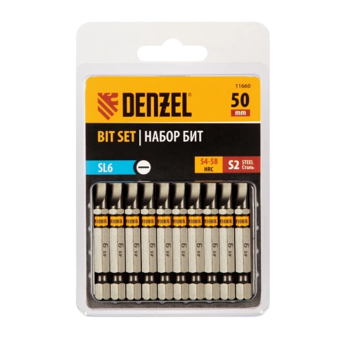 Биты шестигранный профиль сталь S2 SL6,0х50 Denzel фото 1