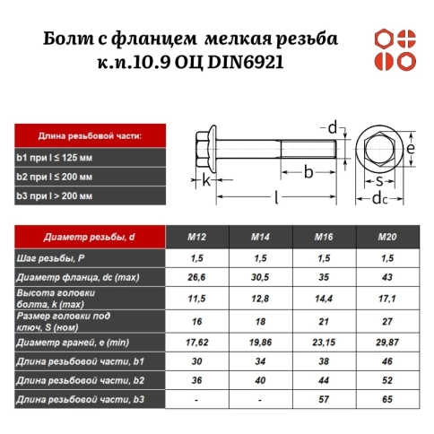 Болт с фланцем ПР М12х1,5х50 мелкая резьба к.п.10.9 ОЦ DIN6921 с насечкой, 100 шт. фото 2